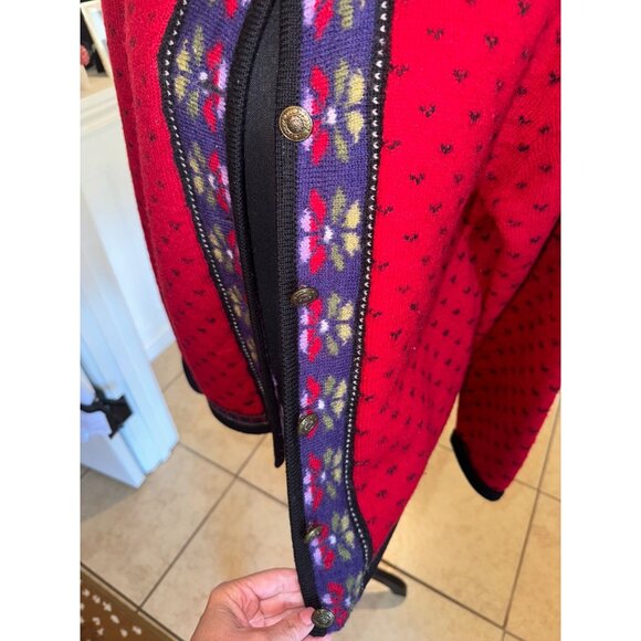 Vintage Tally H0 100% Boiled Wool Button Chunky Knit Cardigan Sweater Red Floral - Picture 11 of 12